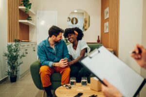 Diverse couple on a therapy session in a psychologist office