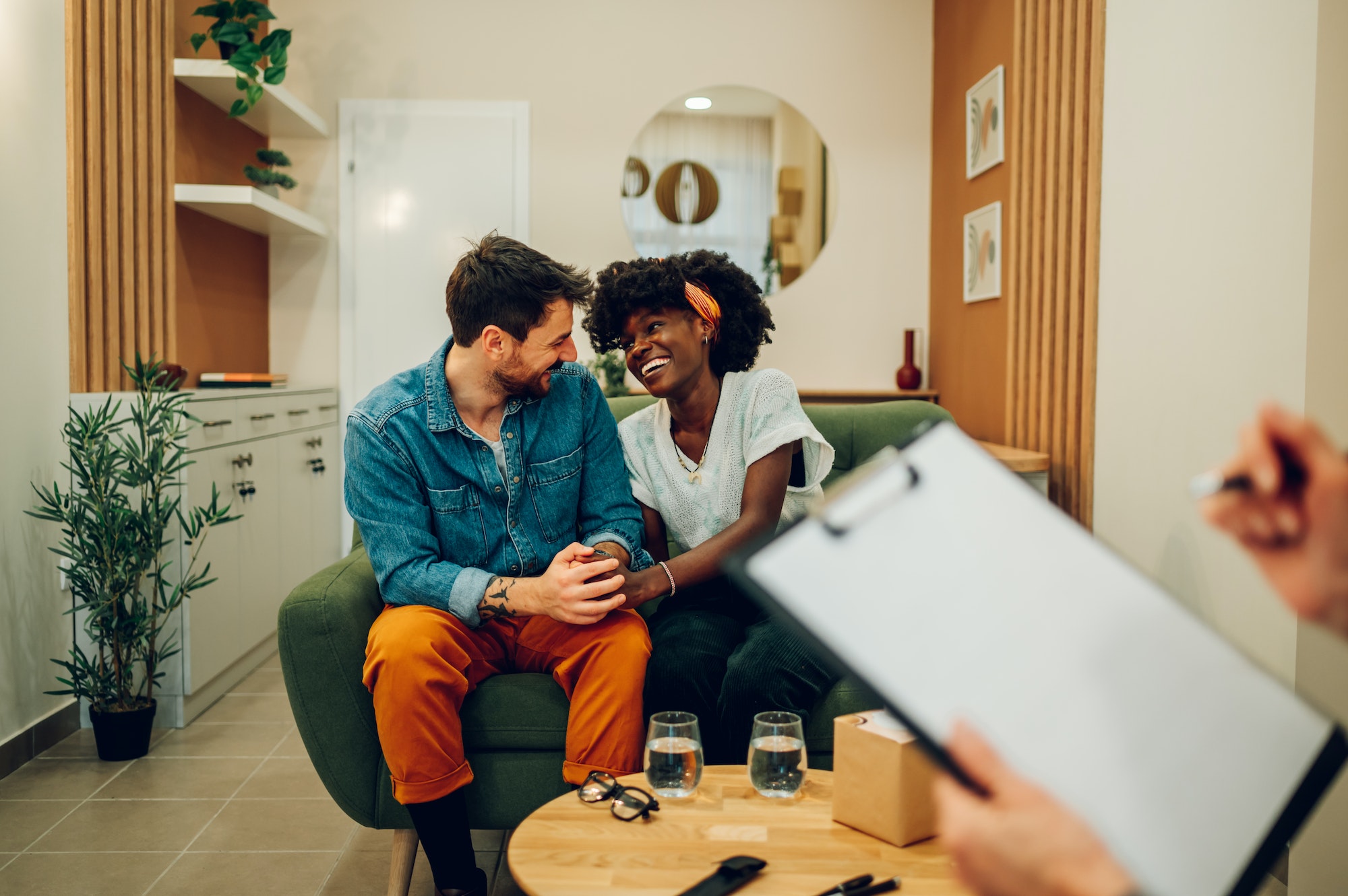 Diverse couple on a therapy session in a psychologist office