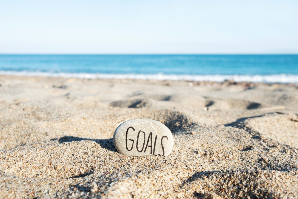 decorative rock labeled "goal" on beach