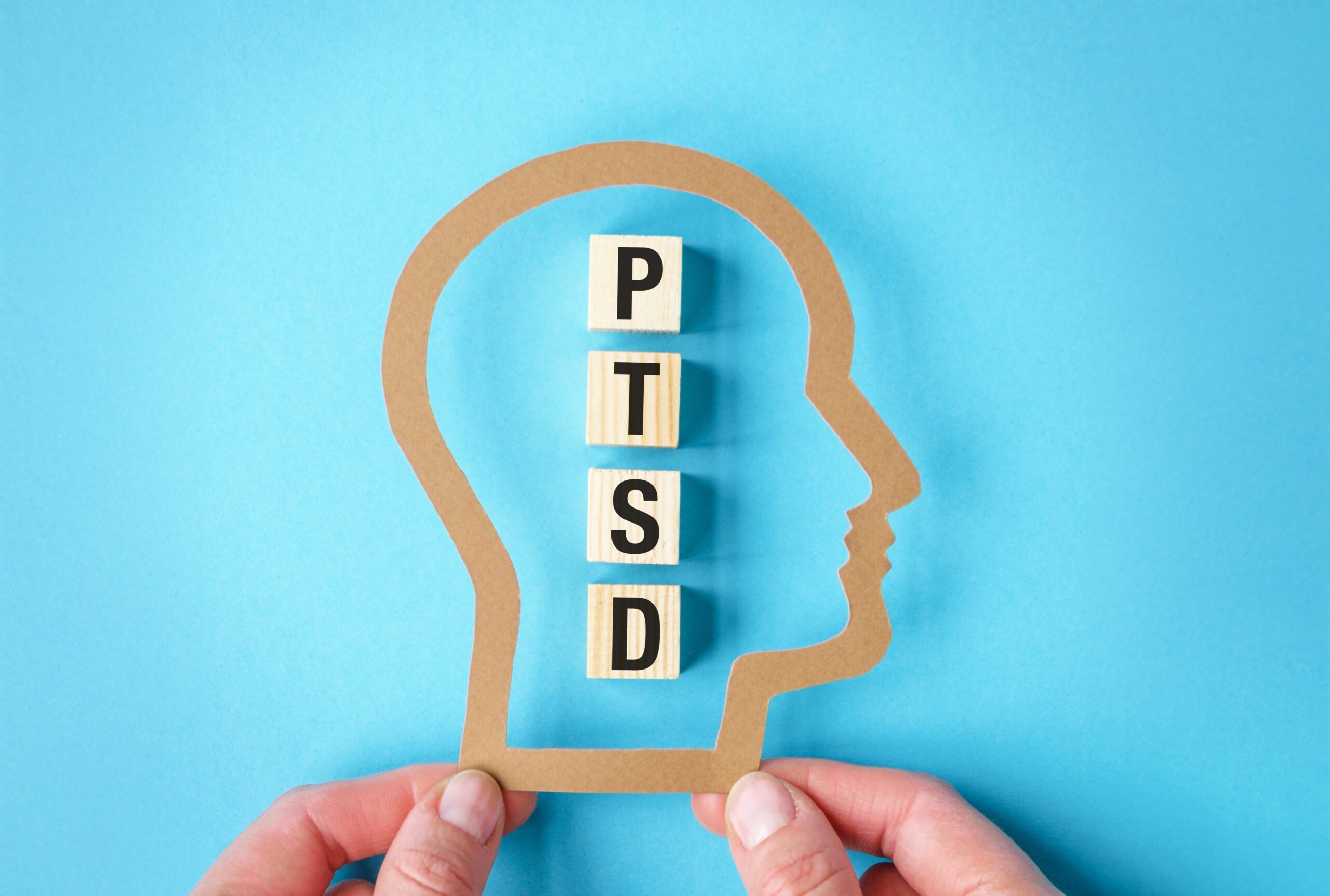 PTSD letters arranged in frame of human head
